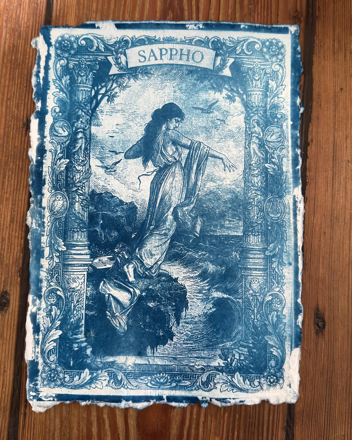 Sappho Cyanotype Print, Original Handmade Blue Art on Cotton Rag Paper, A4, Romantic Sapphic Wall Art