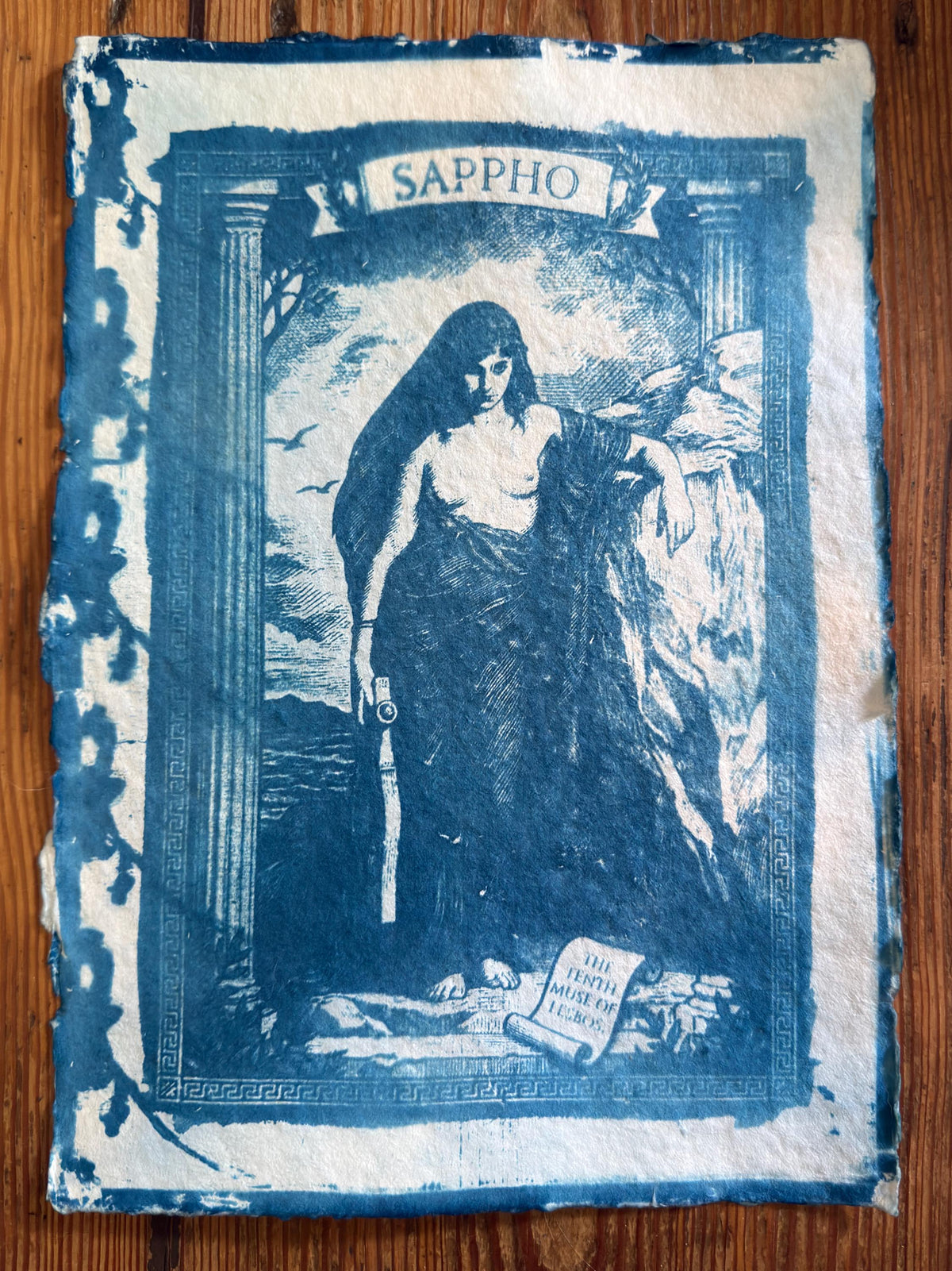 Sappho Cyanotype Print, Original Handmade Blue Art on Cotton Rag Paper, A4, Romantic Sapphic Wall Art