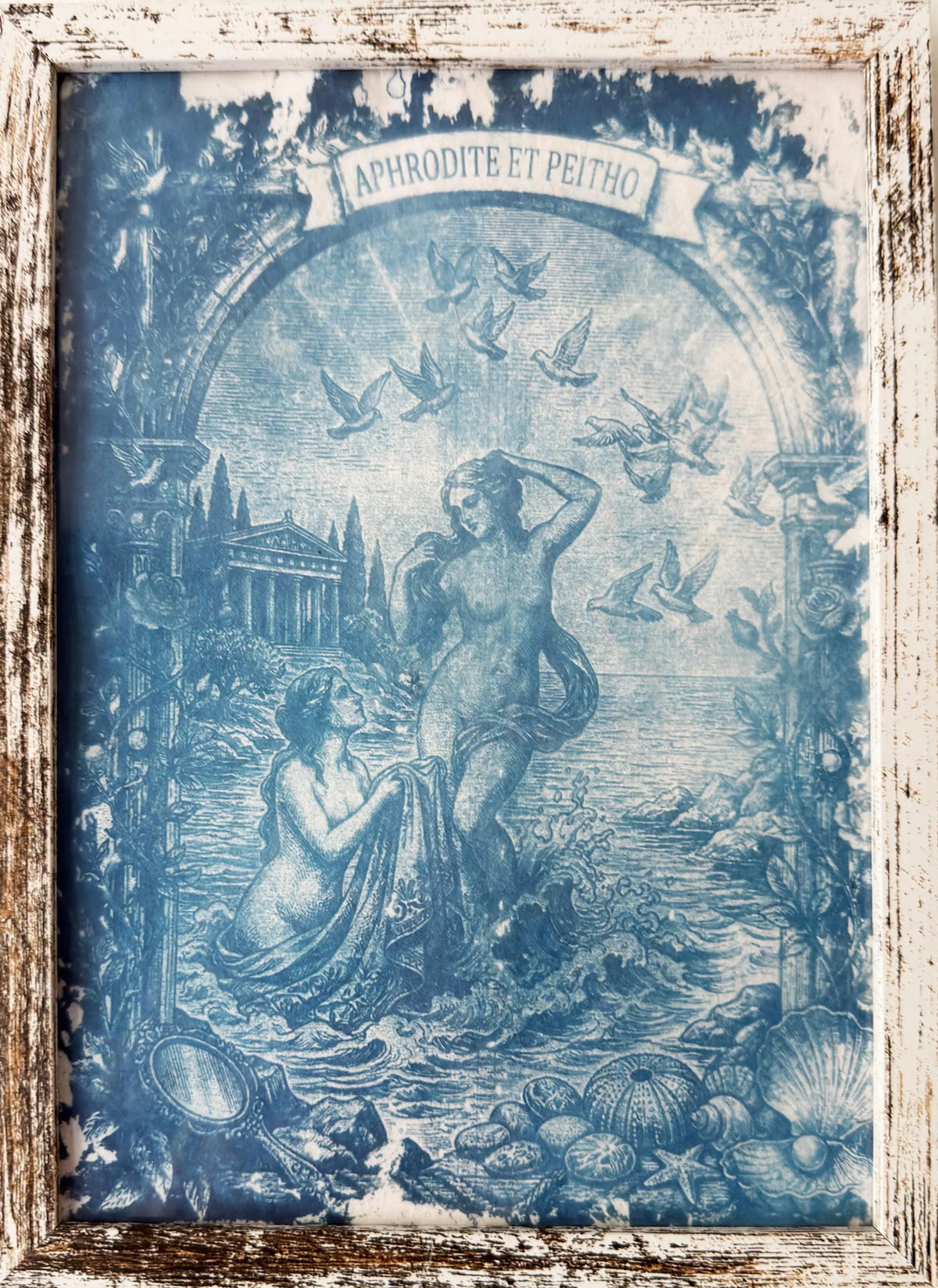 Lesbian lovers, Aphrodite and Peitho Cyanotype Print, Original Handmade Blue Art on Cotton Rag Paper, A4, Romantic Sapphic Wall Art