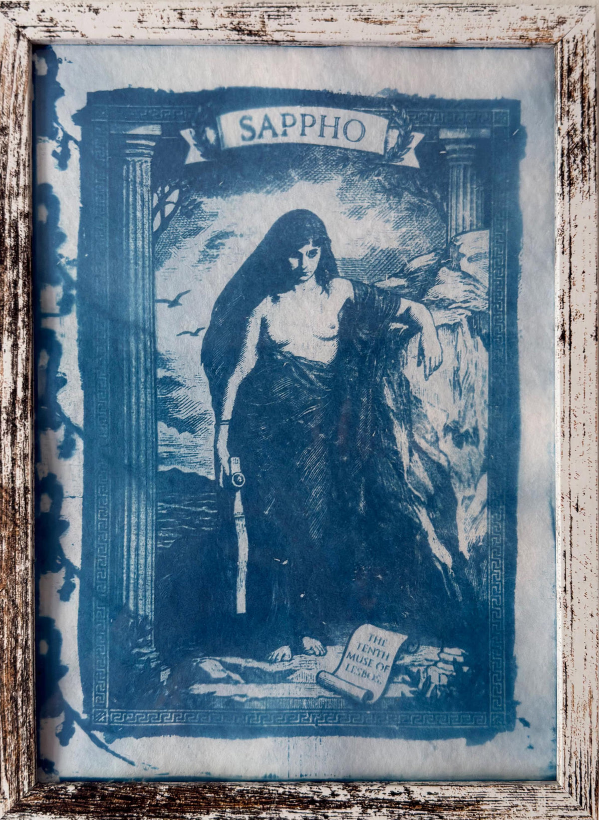 Sappho Cyanotype Print, Original Handmade Blue Art on Cotton Rag Paper, A4, Romantic Sapphic Wall Art