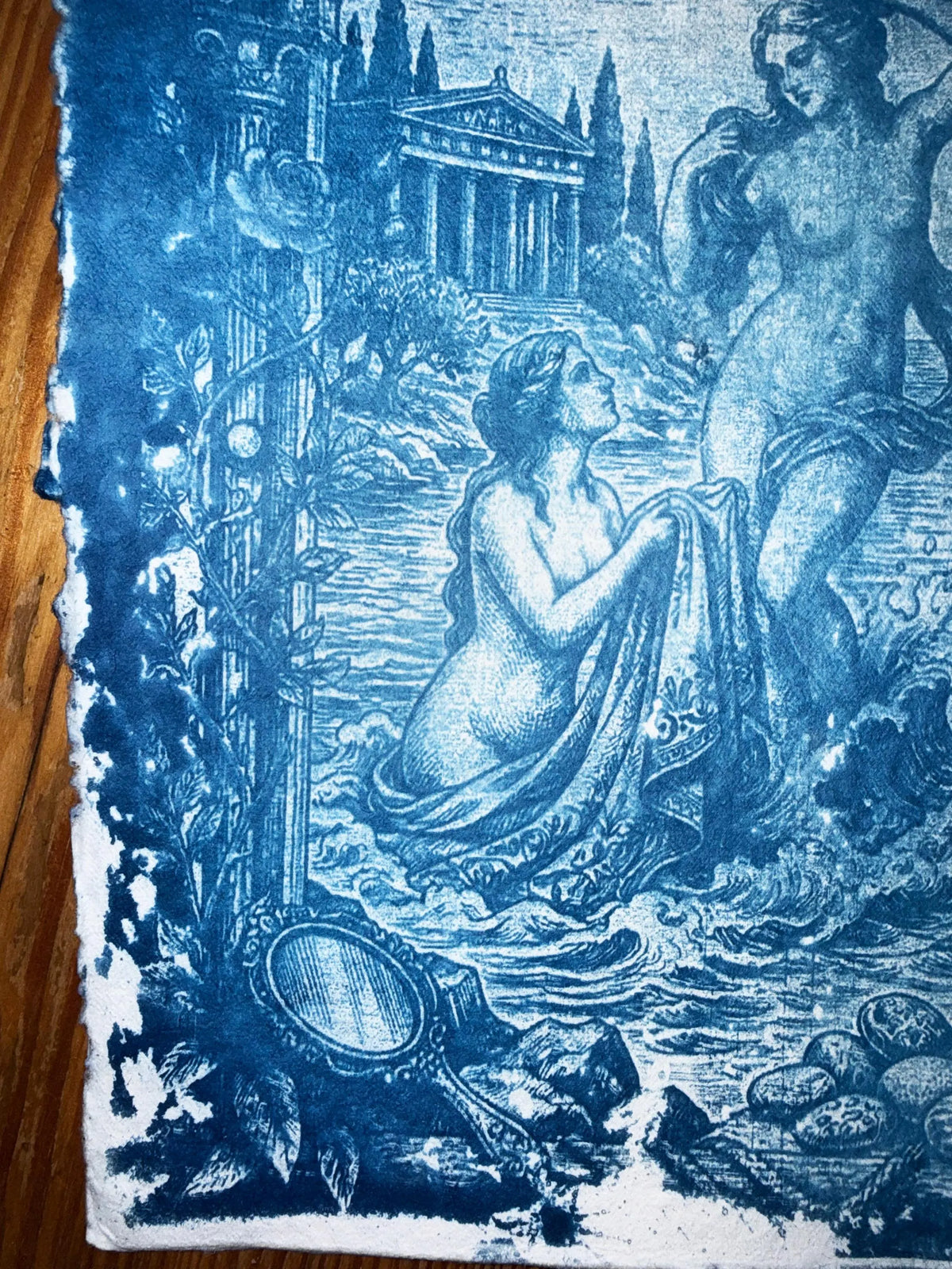 Lesbian lovers, Aphrodite and Peitho Cyanotype Print, Original Handmade Blue Art on Cotton Rag Paper, A4, Romantic Sapphic Wall Art