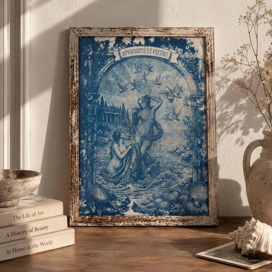 Lesbian lovers, Aphrodite and Peitho Cyanotype Print, Original Handmade Blue Art on Cotton Rag Paper, A4, Romantic Sapphic Wall Art