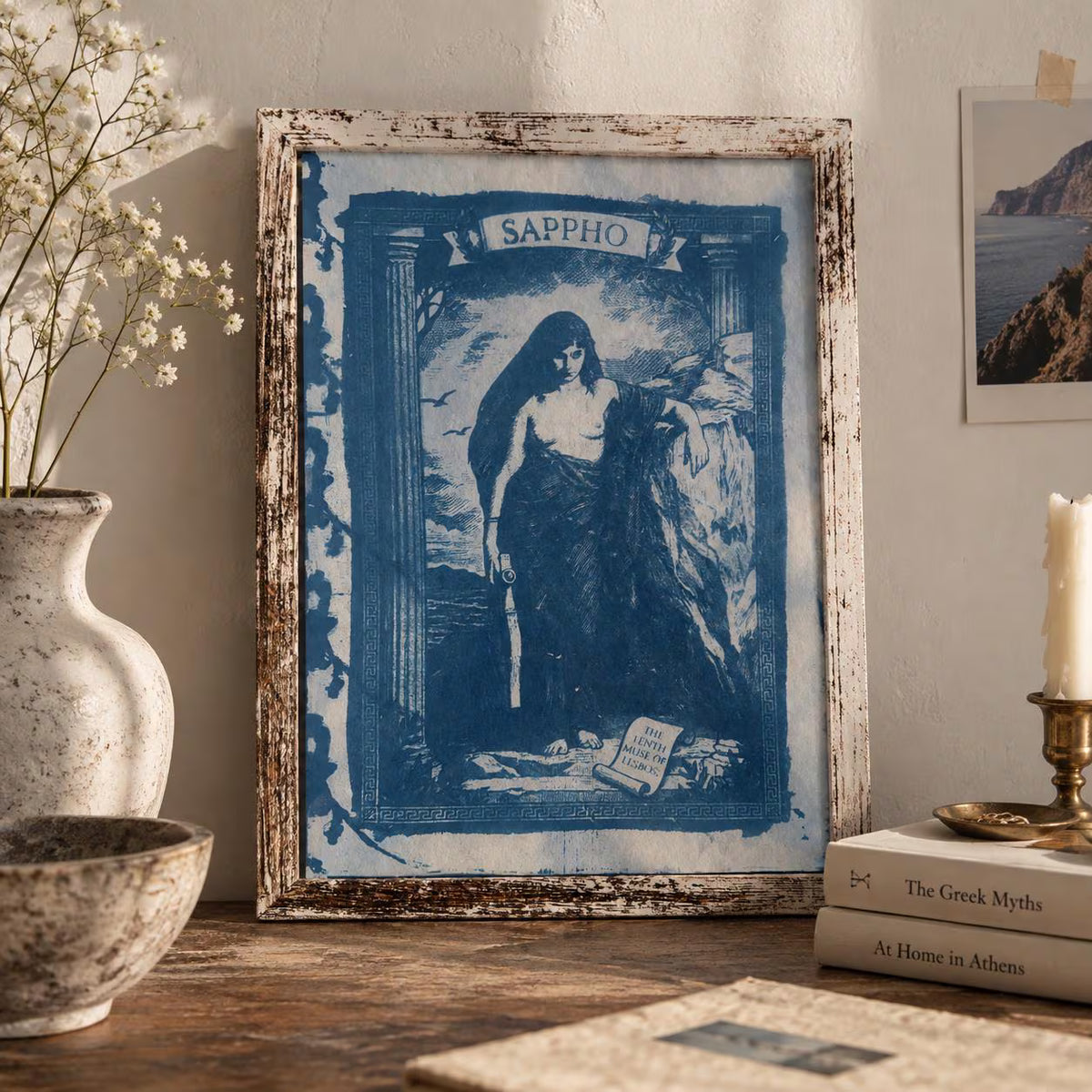 Sappho Cyanotype Print, Original Handmade Blue Art on Cotton Rag Paper, A4, Romantic Sapphic Wall Art