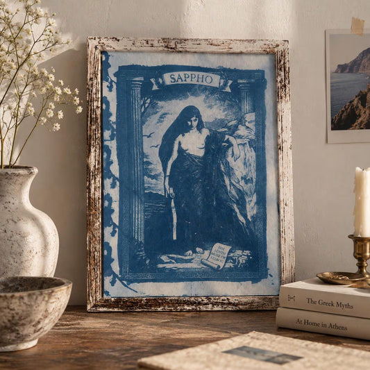 Sappho Cyanotype Print, Original Handmade Blue Art on Cotton Rag Paper, A4, Romantic Sapphic Wall Art