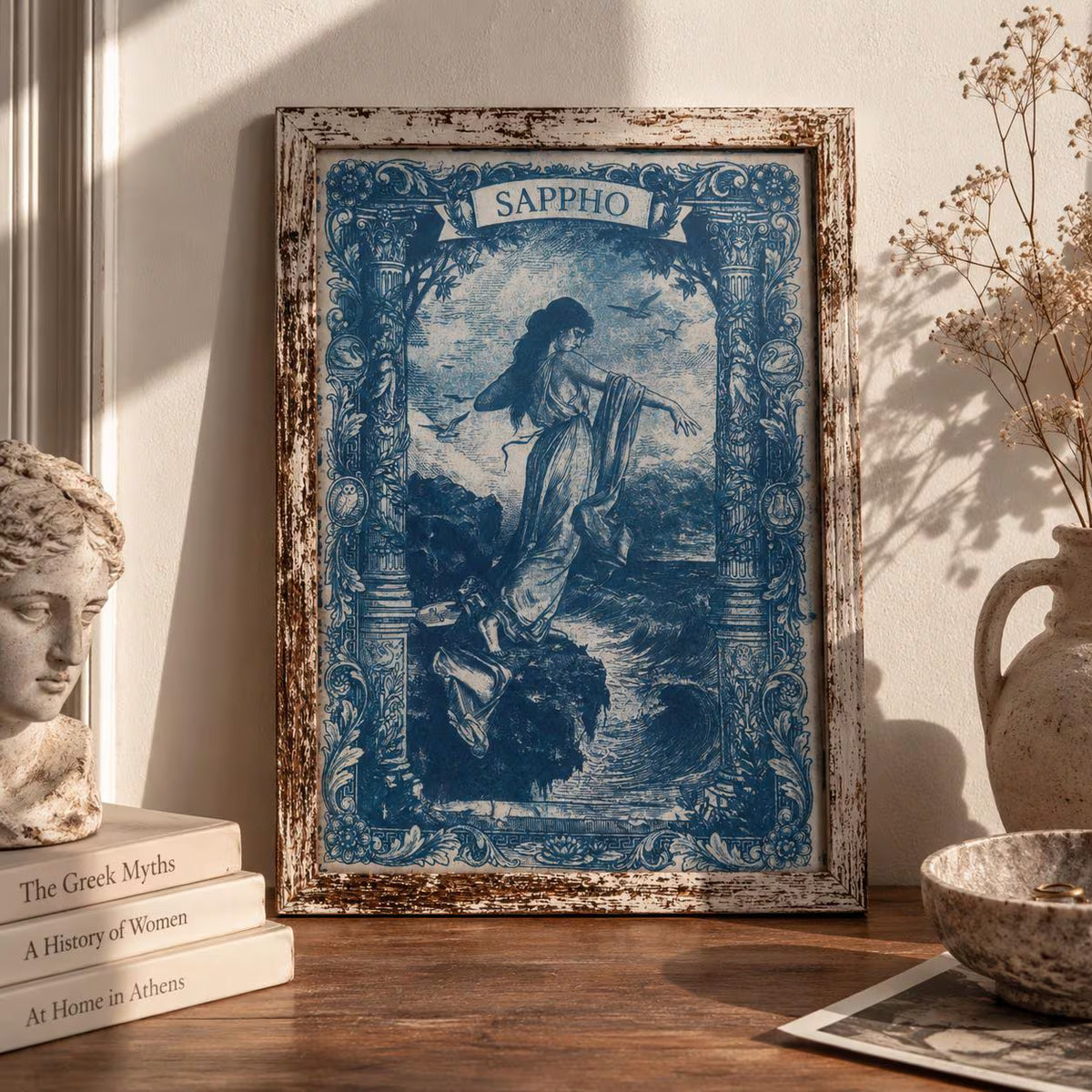 Sappho Cyanotype Print, Original Handmade Blue Art on Cotton Rag Paper, A4, Romantic Sapphic Wall Art