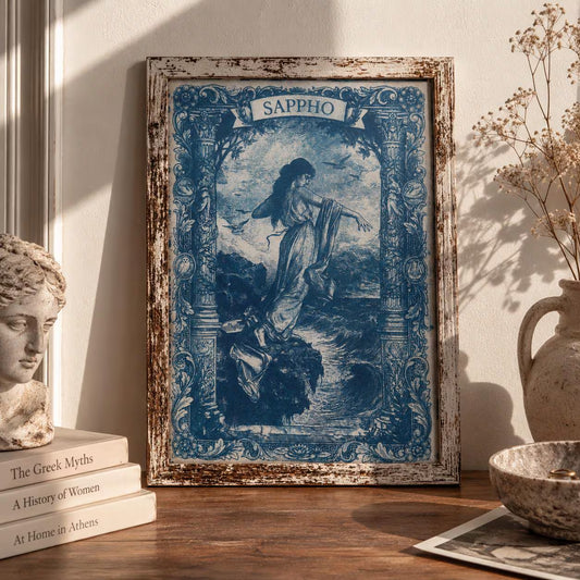Sappho Cyanotype Print, Original Handmade Blue Art on Cotton Rag Paper, A4, Romantic Sapphic Wall Art