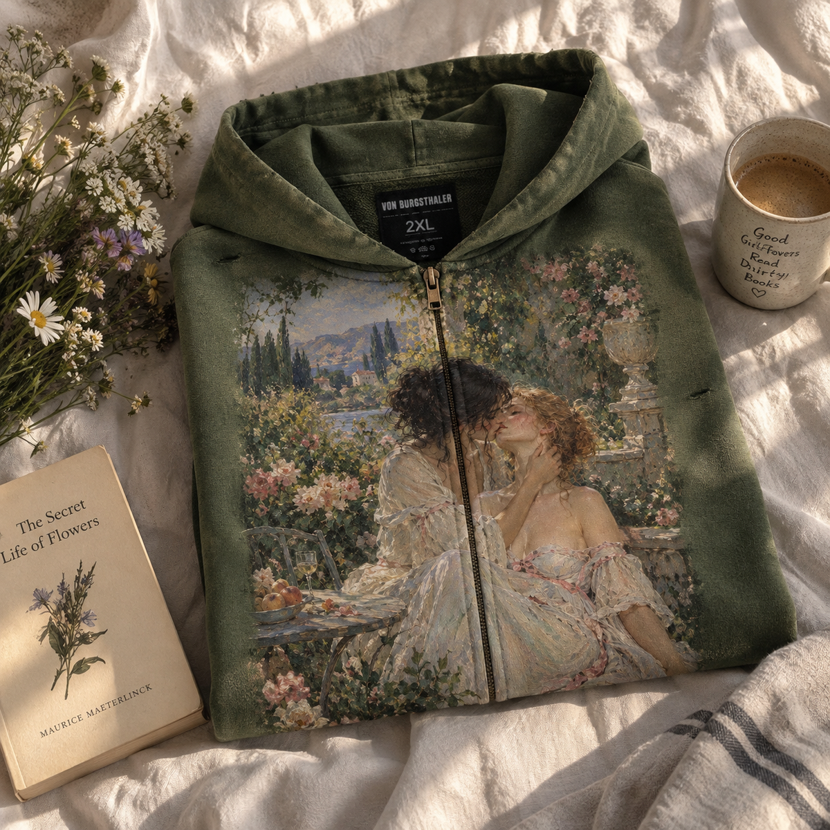 Sapphic Renaissance Art Distressed Zip-Up Hoodie