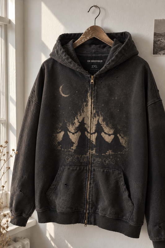 Girls Will Be Girls Zip Up Hoodie, Witchy Coven Distressed, Dark Cottagecore Witchcraft Jacket, Goth Occult Vintage Streetwear, Halloween