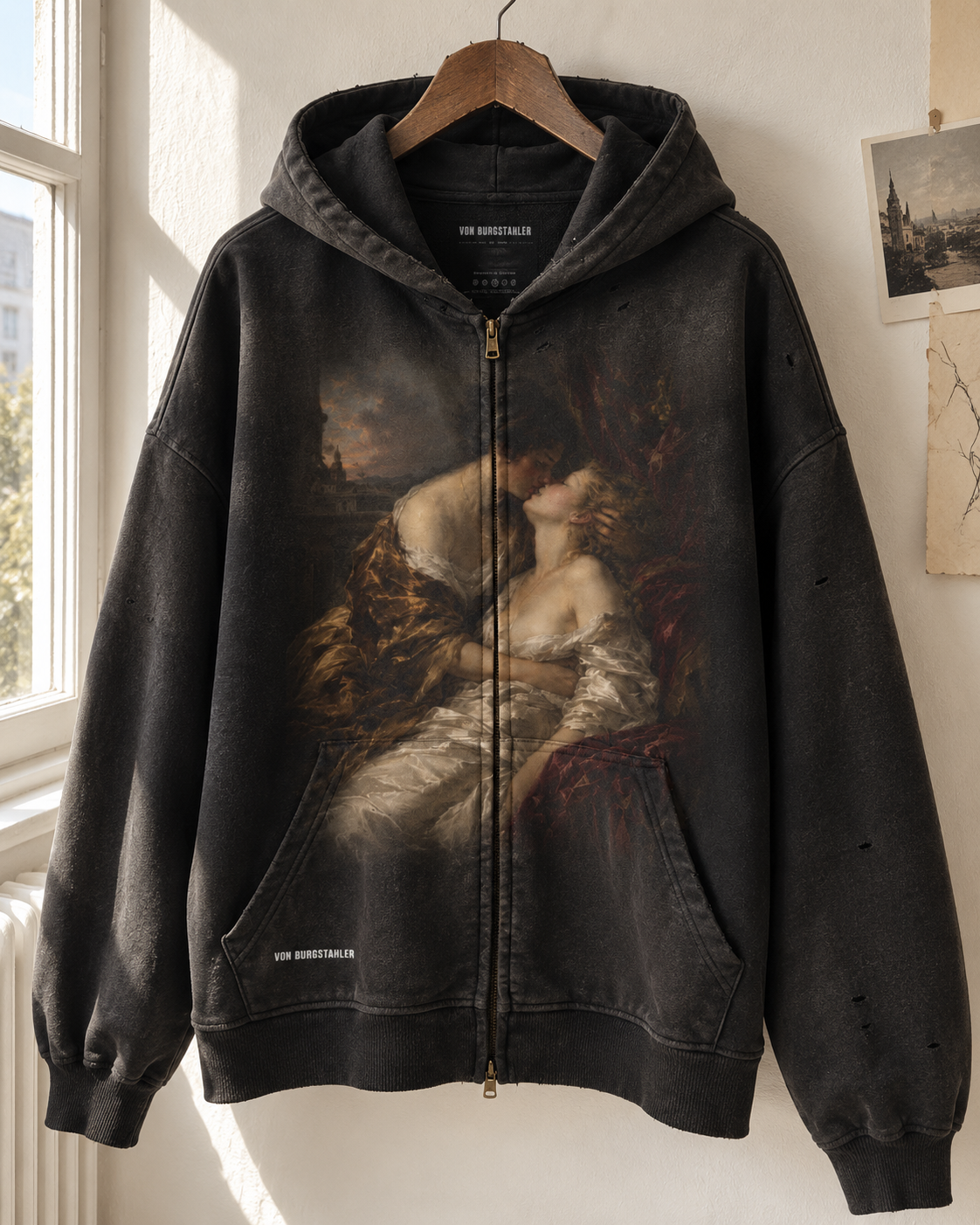 Vintage Renaissance Art Zip Up Hoodie, Sapphic Romantic Painting Distressed Sweatshirt, Dark Academia Lovers Jacket, Aesthetic Goth Hoodie