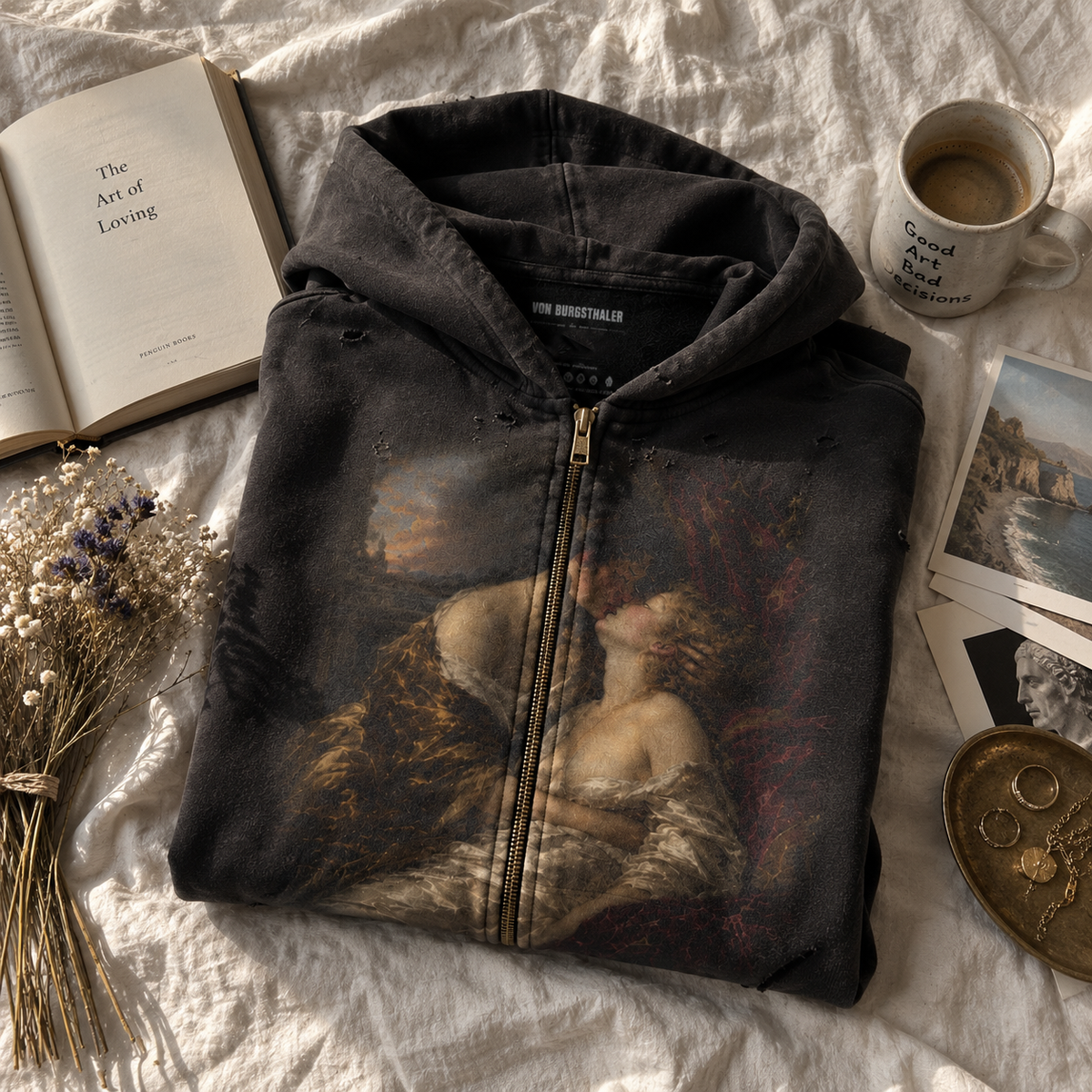 Vintage Renaissance Art Zip Up Hoodie, Sapphic Romantic Painting Distressed Sweatshirt, Dark Academia Lovers Jacket, Aesthetic Goth Hoodie