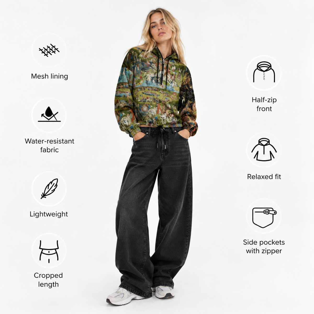 Hieronymus Bosch Fine Art Jacket - Garden of Earthly Delights Cropped Windbreaker