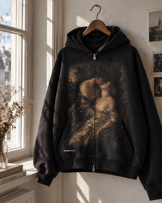 Vintage Renaissance Art Zip Up Hoodie, Sapphic Romantic Painting Distressed Sweatshirt, Dark Academia Lovers Jacket, Aesthetic Goth Hoodie