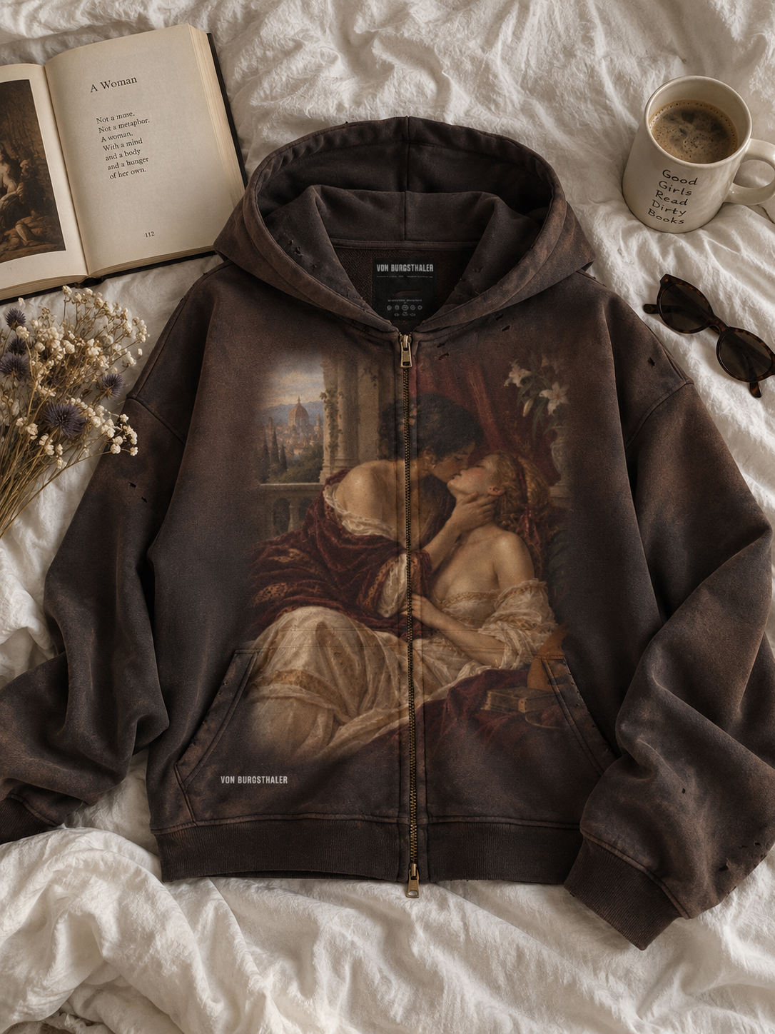Vintage Renaissance Art Zip Up Hoodie, Sapphic Romantic Painting Distressed Sweatshirt, Dark Academia Lovers Jacket, Aesthetic Goth Hoodie