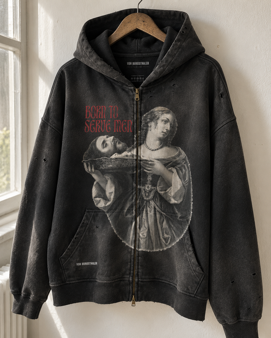 Born To Serve Men Zip Up Hoodie, Distressed Gothic Graphic Hoodie, Renaissance Art Severed Head Sweatshirt, Dark Academia Vintage Jacket
