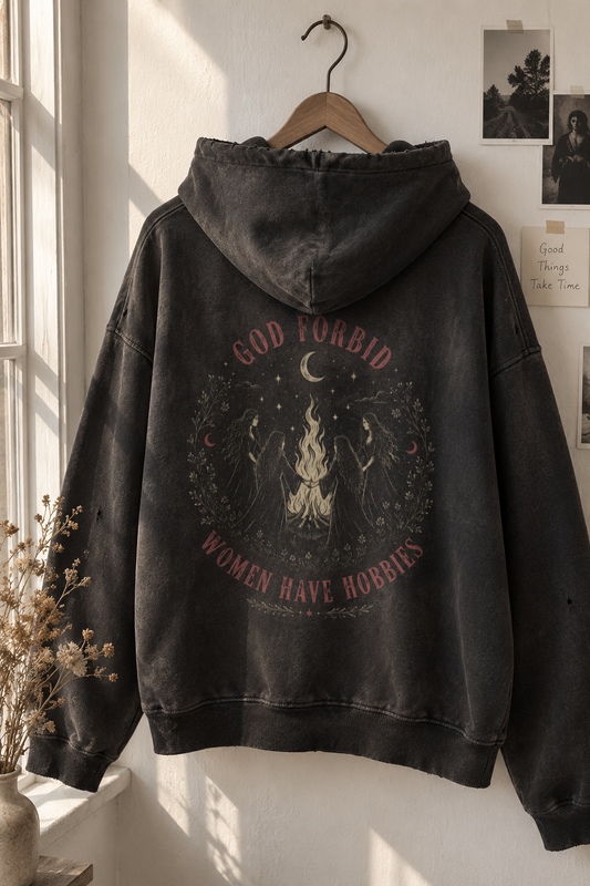 God forbid women have hobbies  Zip Up Hoodie, Witchy Coven Distressed, Dark Cottagecore Witchcraft Jacket, Goth Occult Vintage Streetwear, Halloween (Copy)