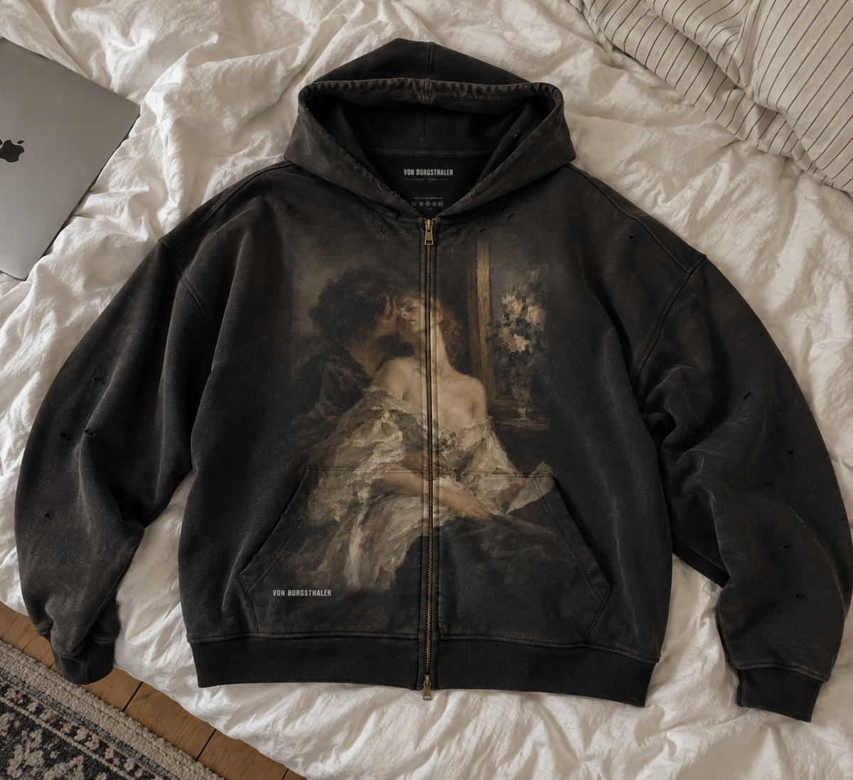 Vintage Renaissance Art Zip Up Hoodie, Sapphic Romantic Painting Distressed Sweatshirt, Dark Academia Lovers Jacket, Aesthetic Goth Hoodie