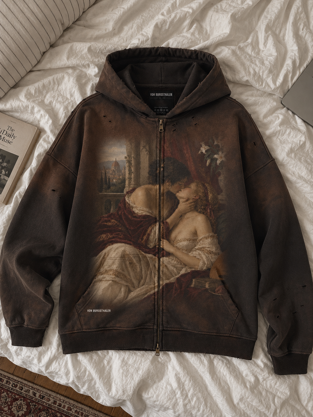 Vintage Renaissance Art Zip Up Hoodie, Sapphic Romantic Painting Distressed Sweatshirt, Dark Academia Lovers Jacket, Aesthetic Goth Hoodie