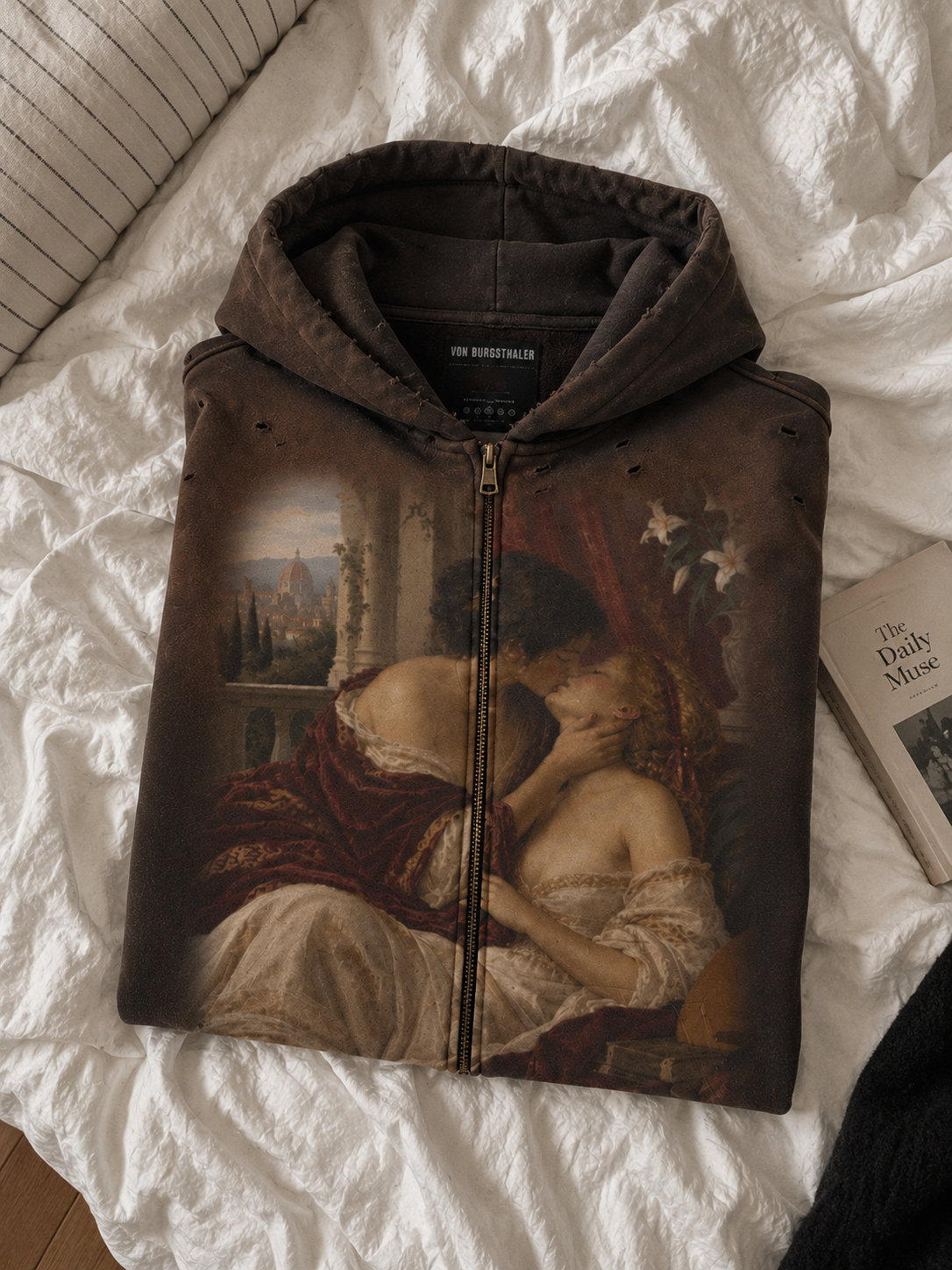 Vintage Renaissance Art Zip Up Hoodie, Sapphic Romantic Painting Distressed Sweatshirt, Dark Academia Lovers Jacket, Aesthetic Goth Hoodie