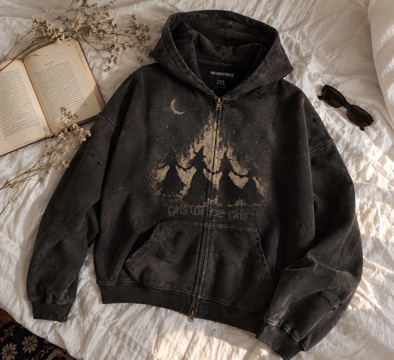Girls Will Be Girls Zip Up Hoodie, Witchy Coven Distressed, Dark Cottagecore Witchcraft Jacket, Goth Occult Vintage Streetwear, Halloween